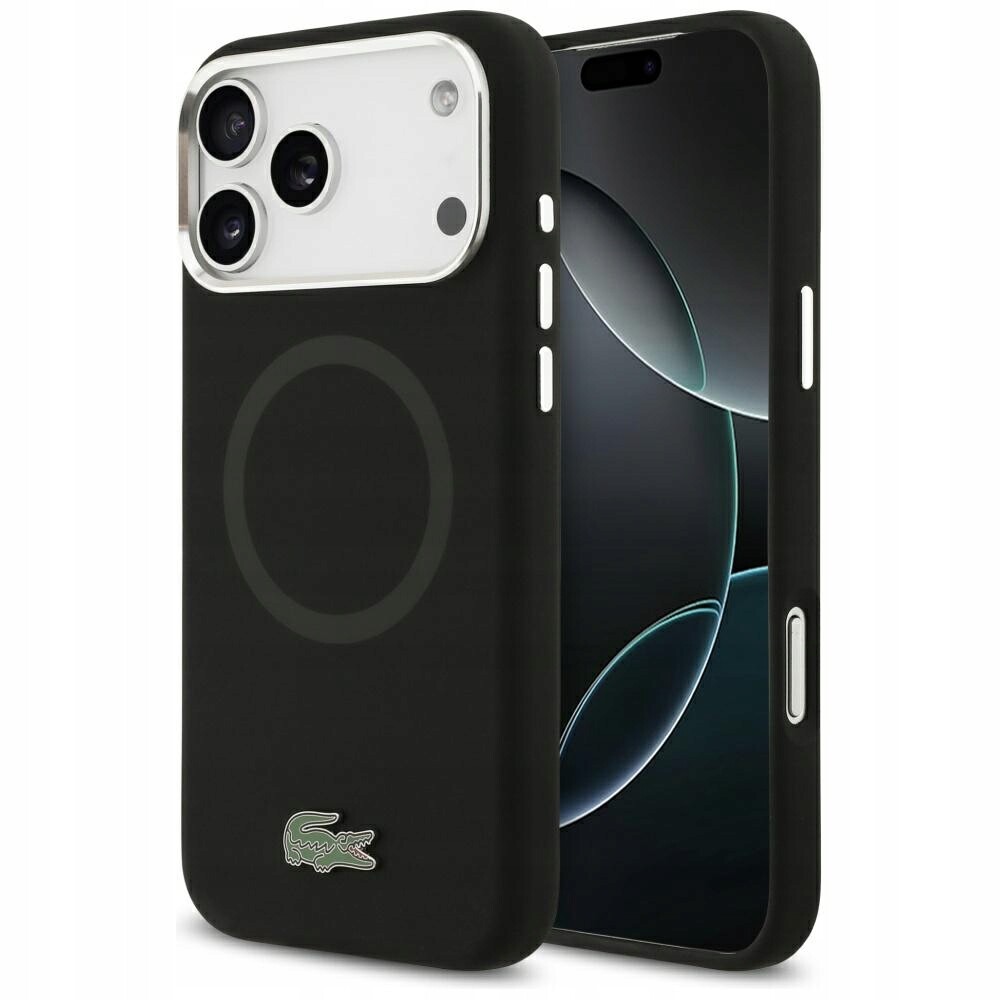 Pouzdro Lacoste Silicone Metal Logo MagSafe pro iPhone 17 Pro Max, černé