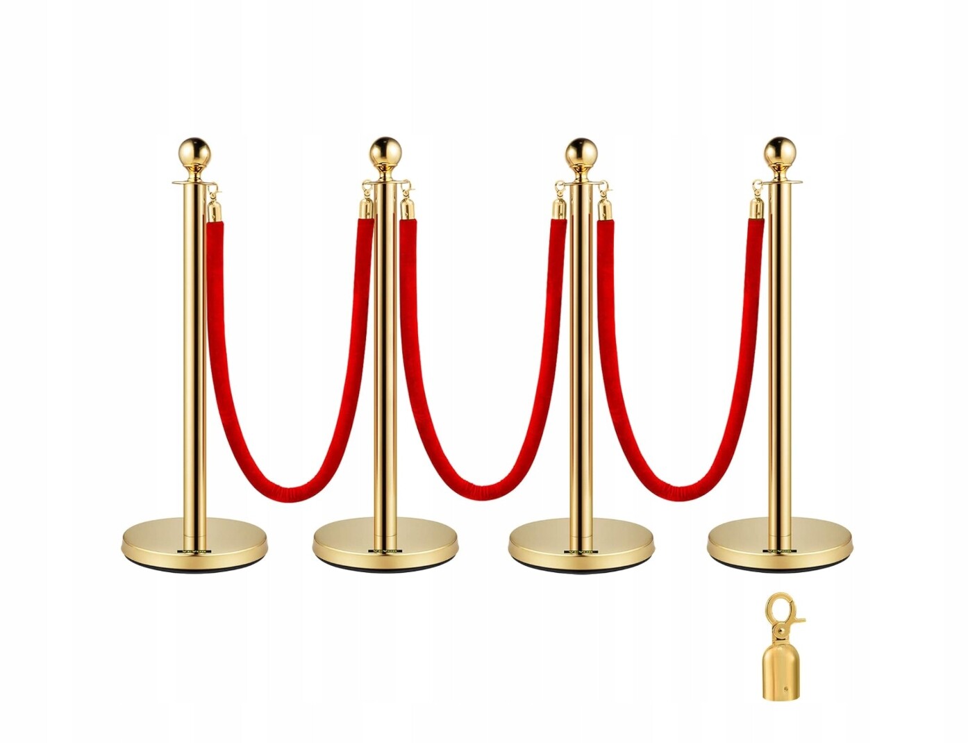 Zlaté zahrazovací sloupky s červeným sametovým lanem Kolejová zábrana 4ks