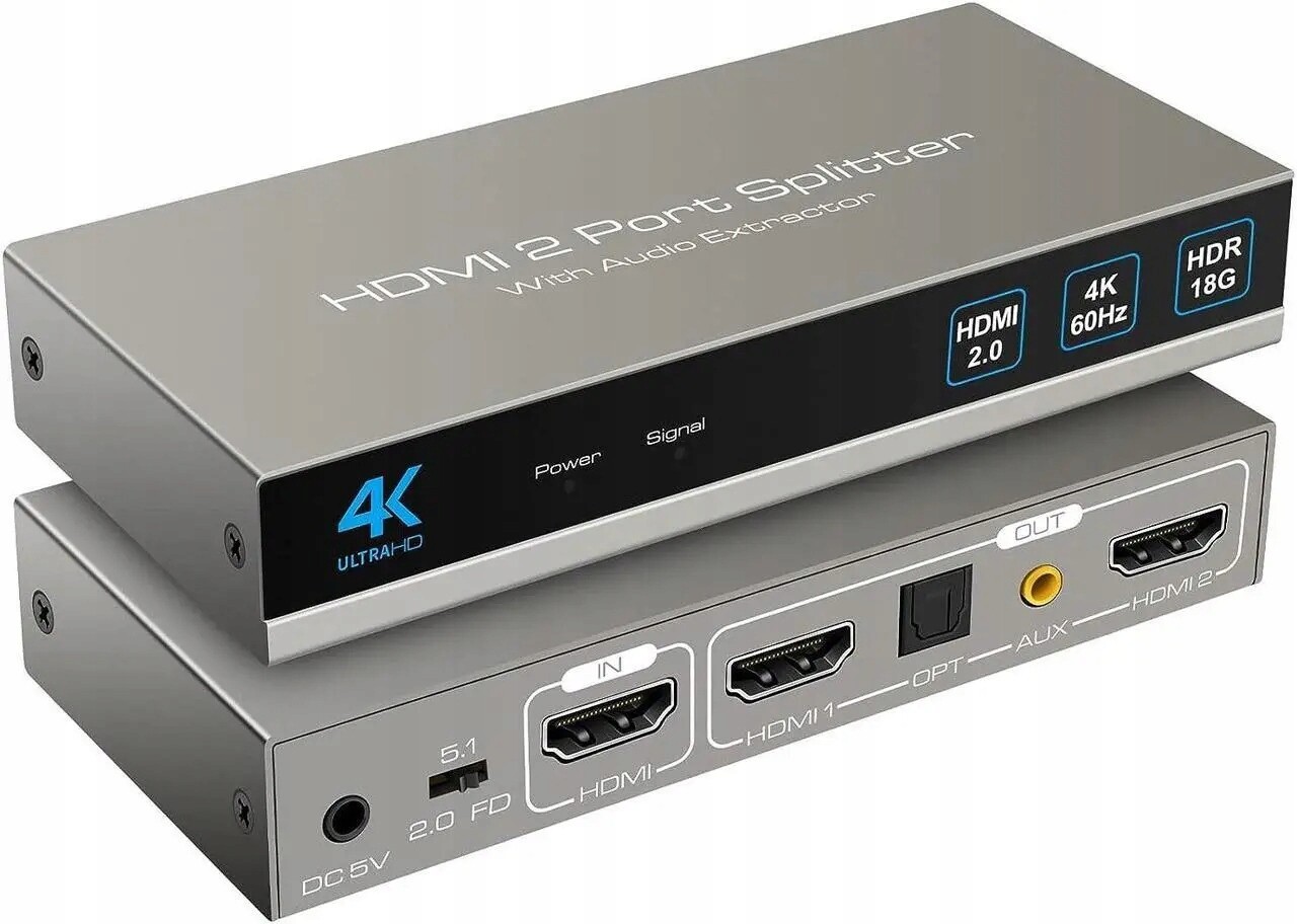 Hdmi rozbočovač, audio extraktor 1 vstup 2 výstupy 4K 60 Hz Hdmi adaptér