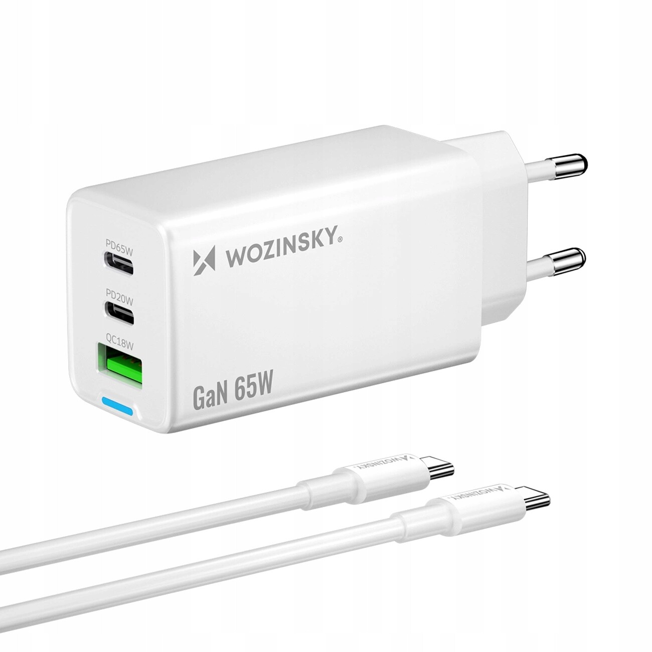 Wozinsky nabíječka GaN 65W s porty Usb 2xUSB-C s kabelem C-C 65W bílá