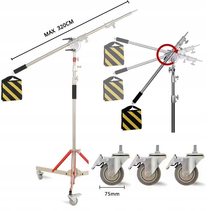 Profesionální Pevný Ocelový Jeřáb Na Kolečkách Stativ 320 cm Boom Hmotnost 11 Kg