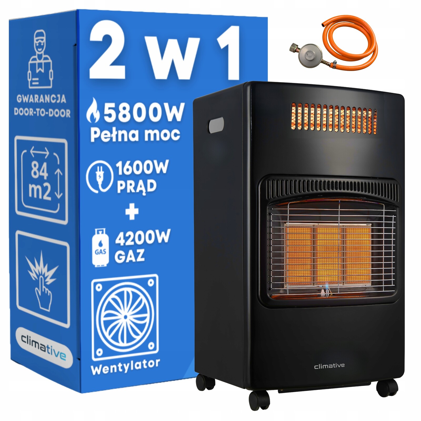 Plynový kotel na láhev 2v1 elektrický ohřívač 5,8 kW Farelka reduktor 84 m²