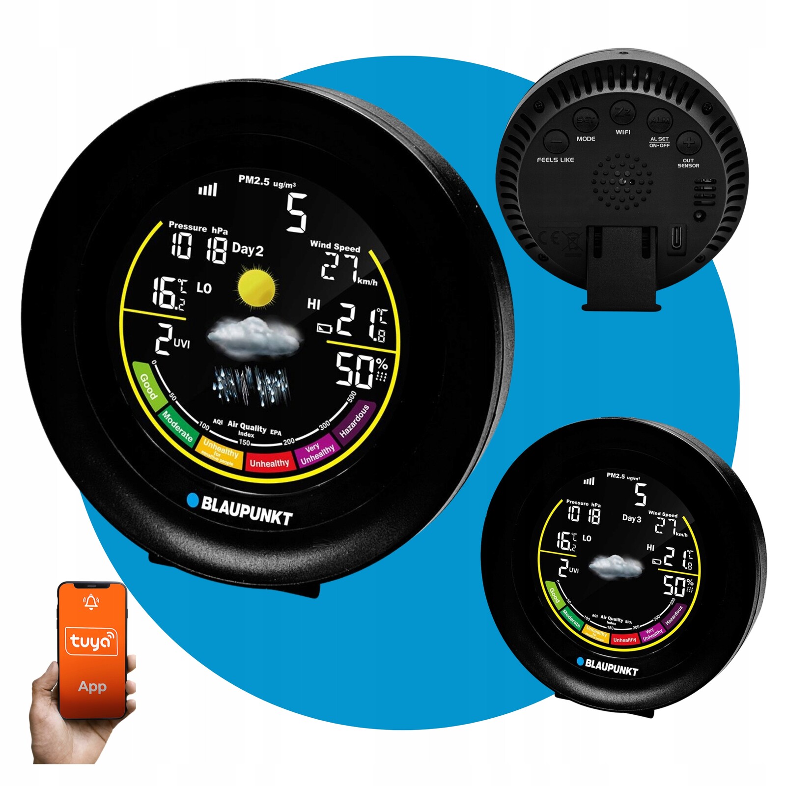 Meteorologická stanice Tuya Wi-Fi LCD Barevný senzor Blaupunkt WS35BK App