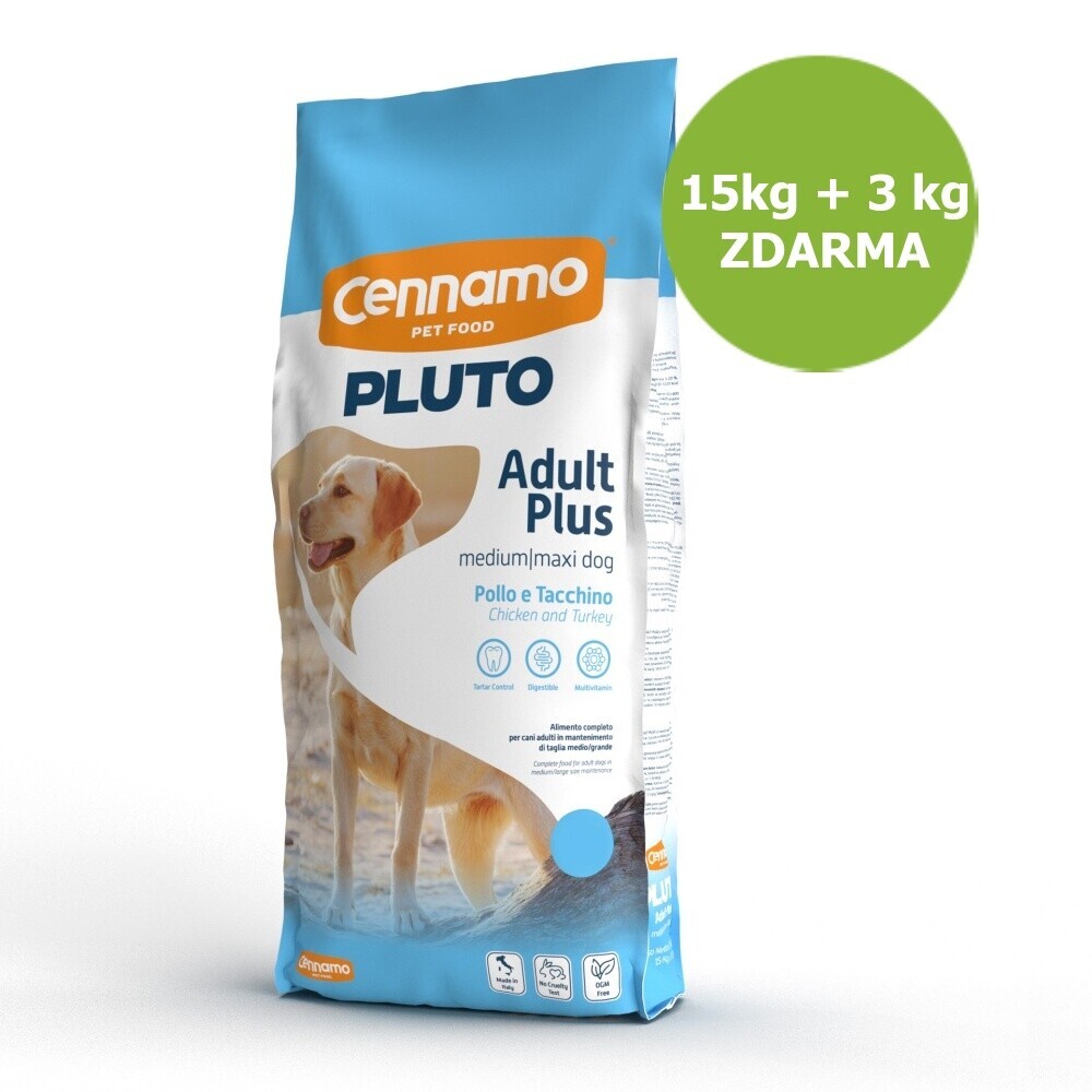 Pluto Dog Adult Plus Medium/Maxi 15 kg 3 kg Zdarma