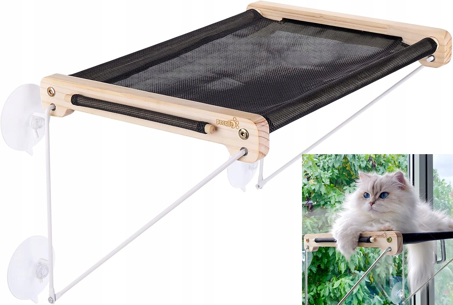 Pelíšek na okno pro kočky Police Houpací síť na sklo Silné dřevěné do 15 kg