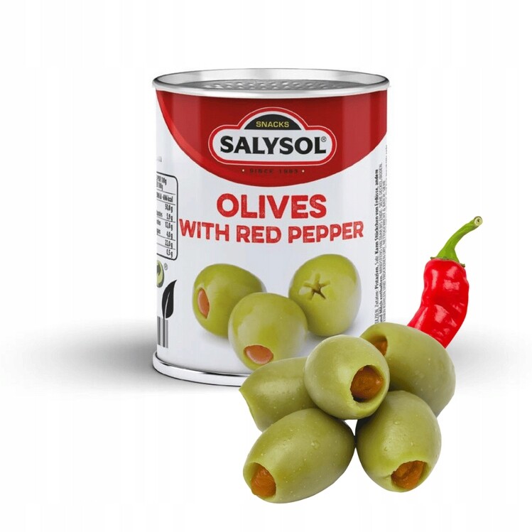 Plněné olivy s červenou paprikou Salysol plechovka 50 g x 48 ks
