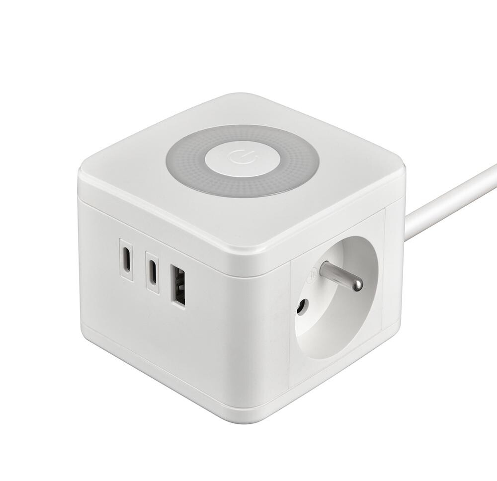 Síťový adaptér VIKING YC23L, bílá/Output:2xAC,1xUSB-A,2xUSB-C/dotykové světlo/1,4m kabel