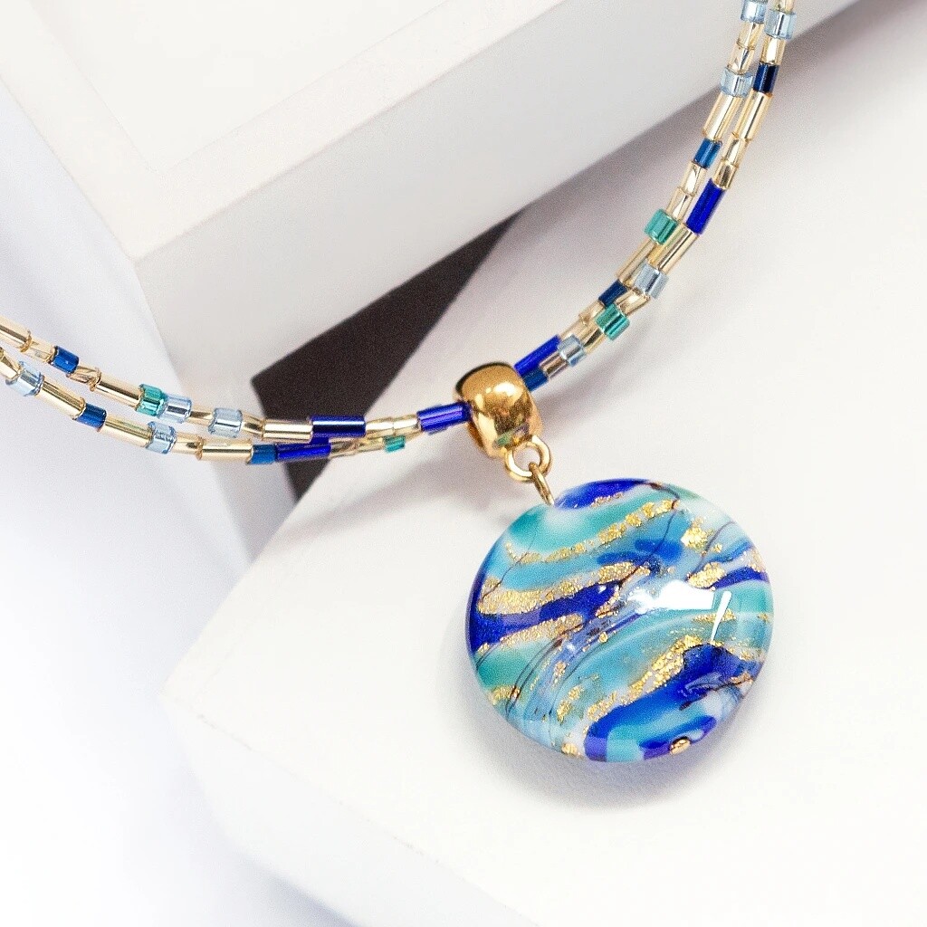 Lampglas Dvojitý náhrdelník Blue Capsule s 24karátovým zlatem v perle Lampglas NP6