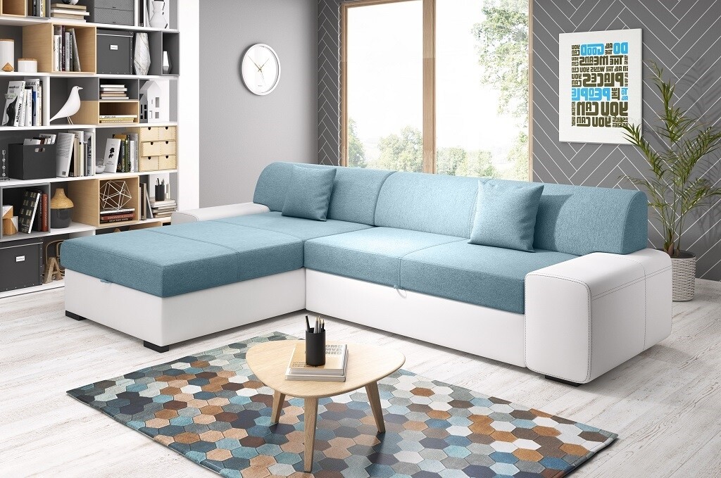 Rohová rozkládací sedačka ANTIOCHIE, levá, světle modrá/bílá - II. jakost, POUZE OSOBNÍ ODBĚR