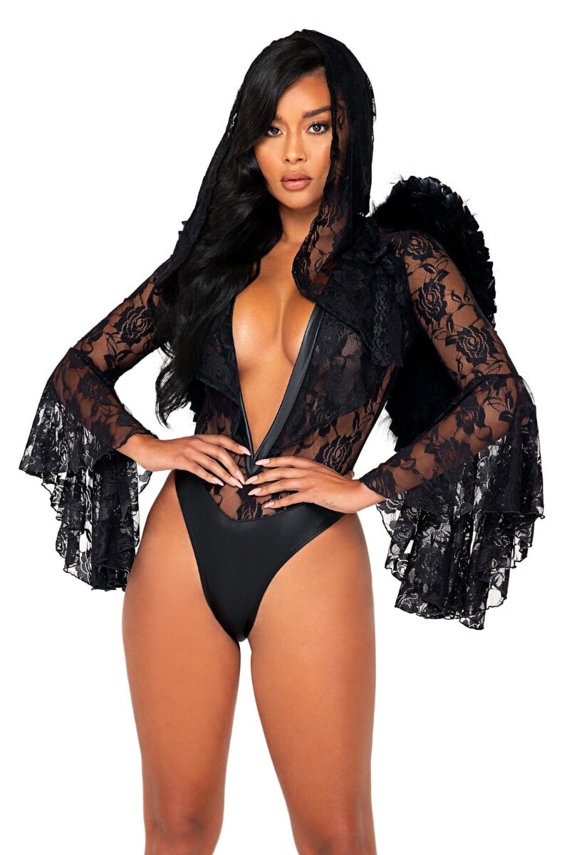 Černé krajkové body s kapucí Dark Angels Lust