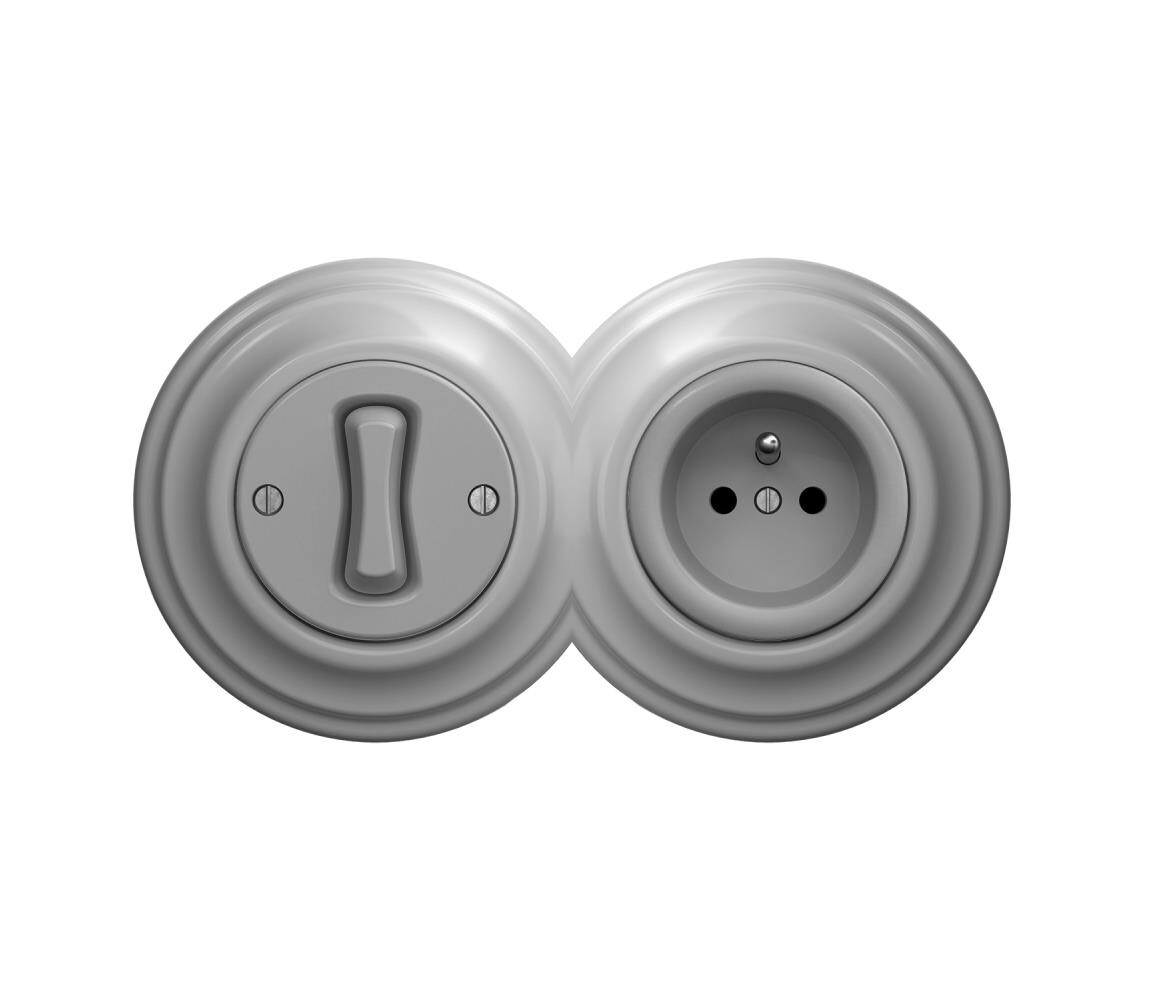 lap - Retro jednopólový vypínač č. 1 a zásuvka 230V s rámečkem šedá 2xKA0053+KA0046+KA0051