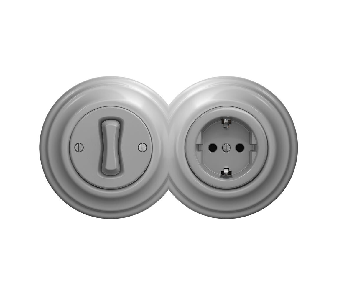 lap - Retro jednopólový vypínač č. 1 a zásuvka SCHUKO 230V s rámečkem šedá 2xKA0053+KA0046+KA0111