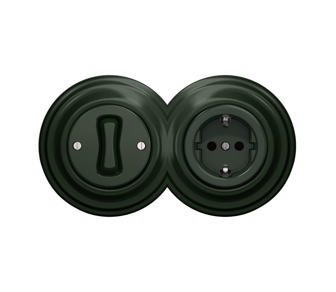 lap - Retro jednopólový vypínač č. 1 a zásuvka SCHUKO 230V s rámečkem zelená 2xKA0062+KA0055+KA0112