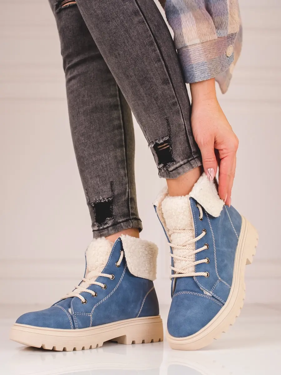 Moderní kotníkové boty modré dámské na plochém podpatku