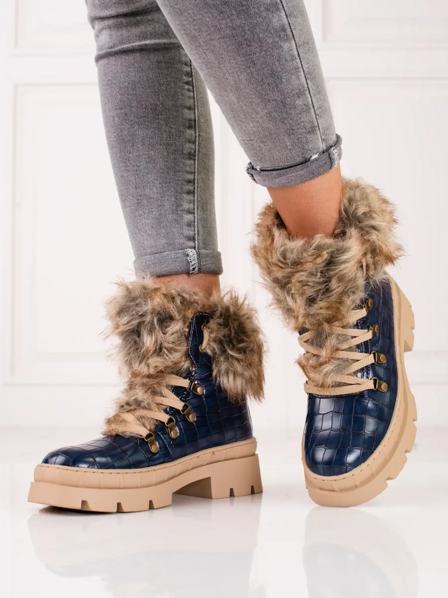 Luxusní kotníkové boty dámské tmavě modré modré na plochém podpatku