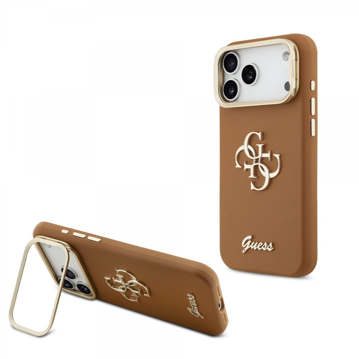 Zadní kryt Guess PU Grained 4G Logo Stand Camera Frame pro iPhone 17 Pro Max Brown