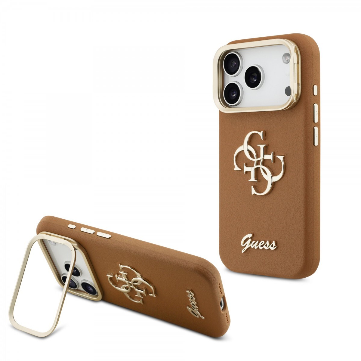 Zadní kryt Guess PU Grained 4G Logo Stand Camera Frame pro iPhone 17 Pro Brown