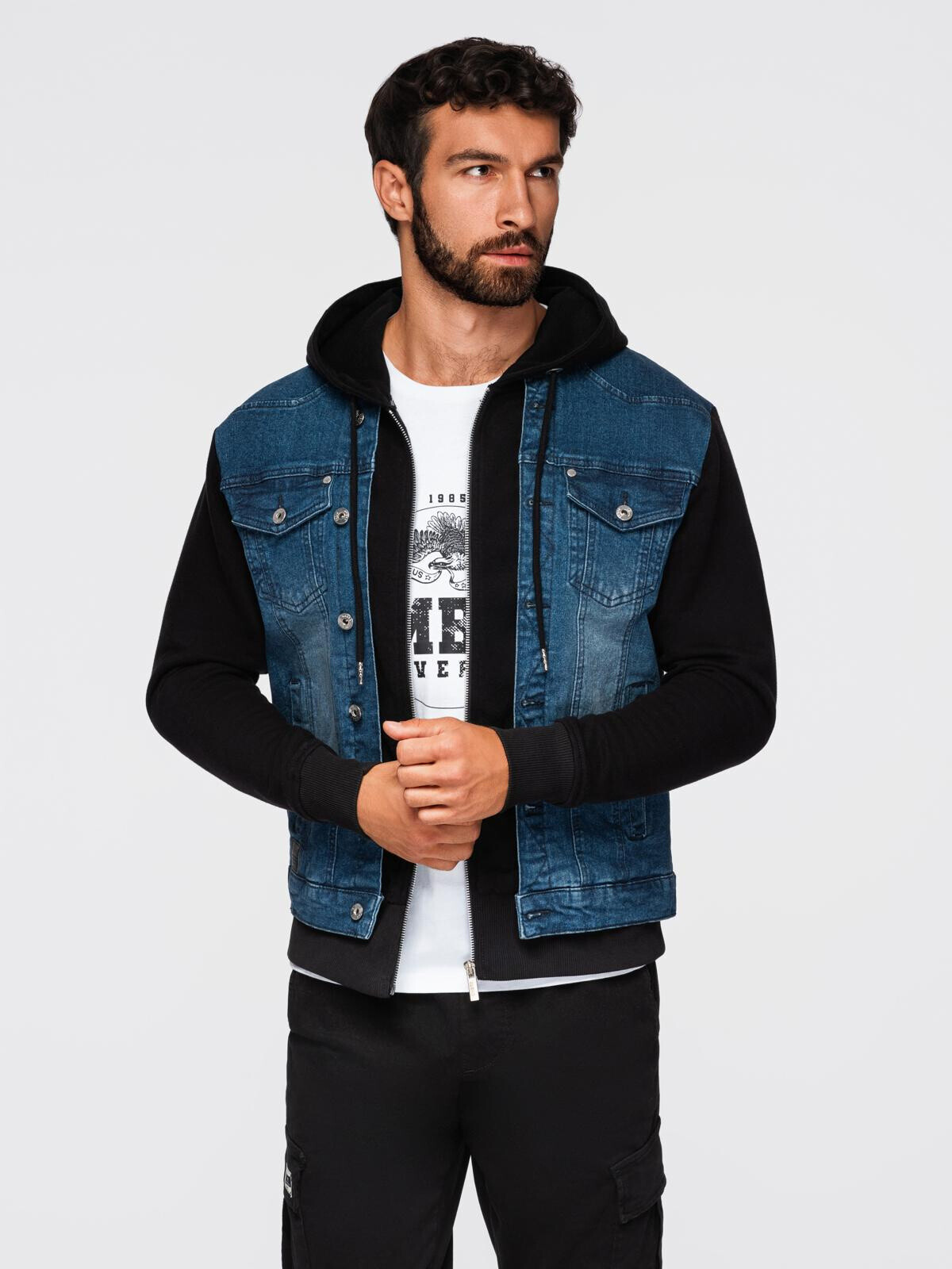 Ombre Men's denim jacket with knitted sleeves and hood - blue and black
