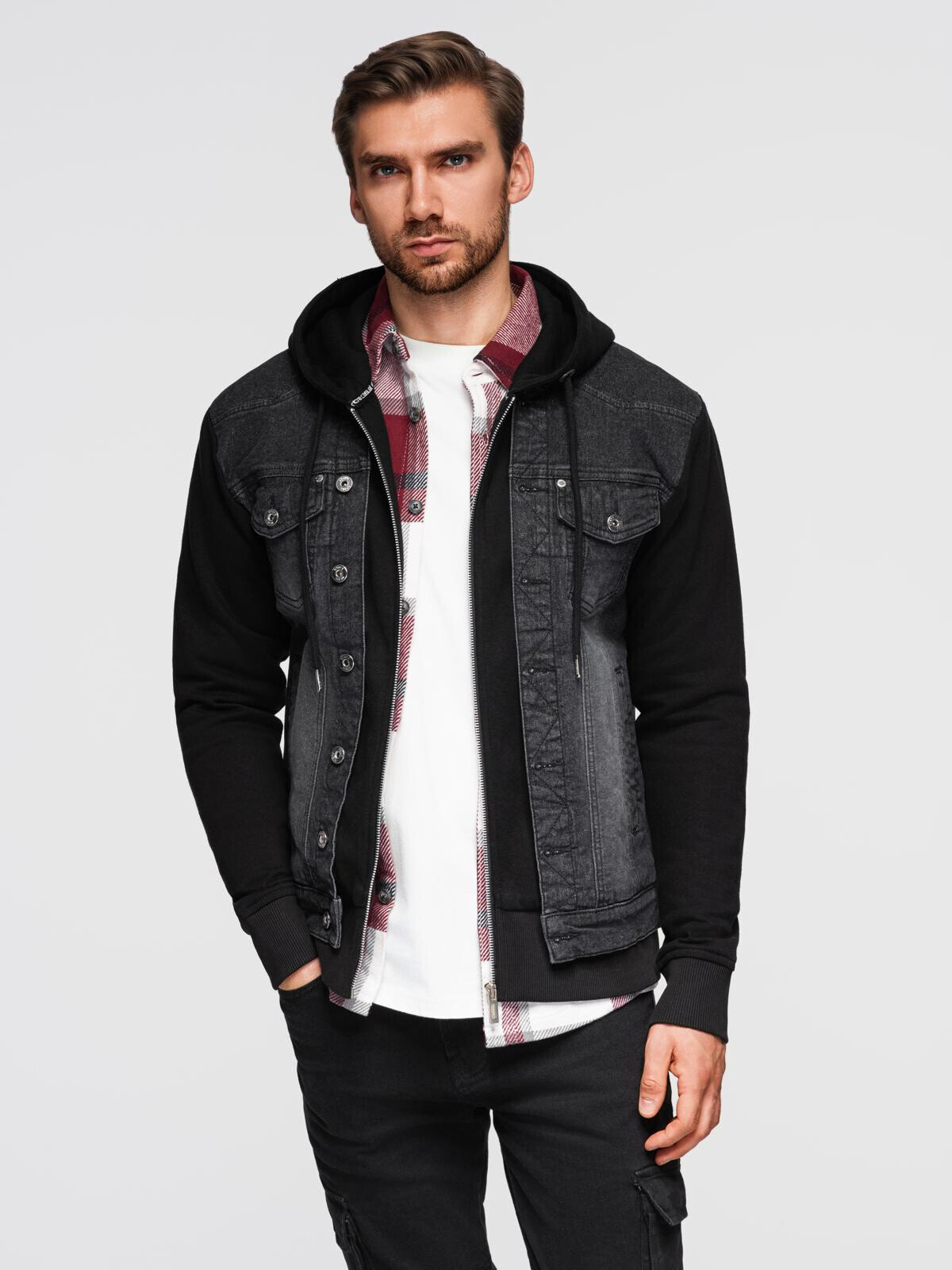 Ombre Men's denim jacket with knitted sleeves and hood - black
