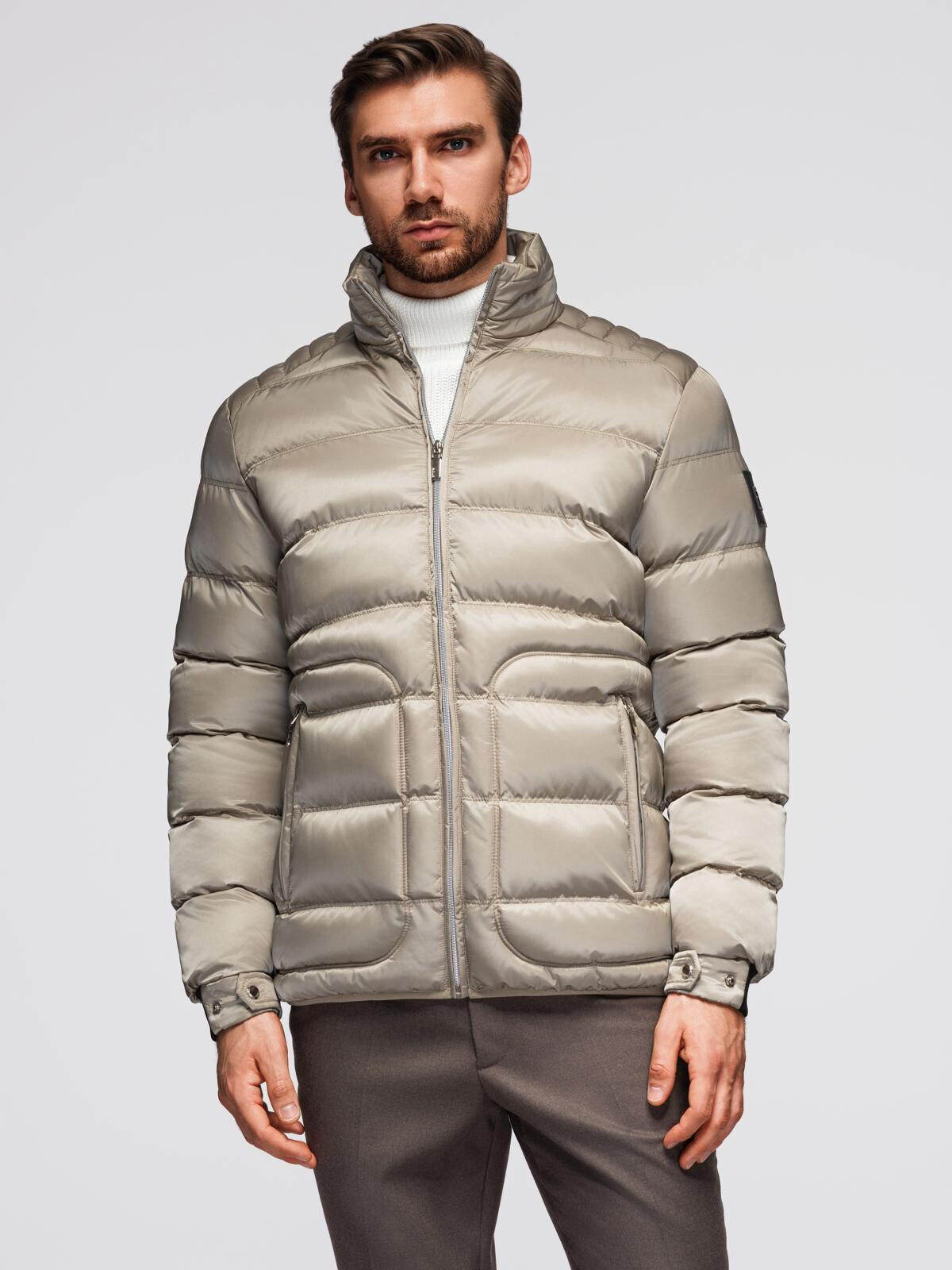 Ombre Men's quilted jacket with gloss and stand-up collar - light grey