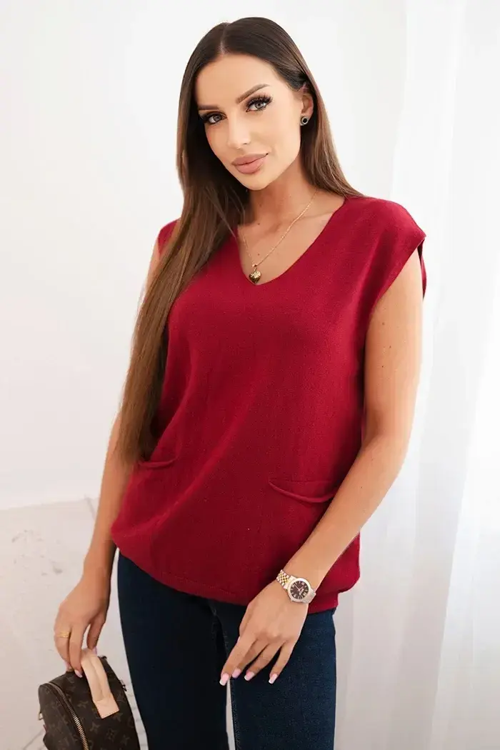 Kesi Włoski Dámský viskózový svetr bez rukávů s kapsami a V výstřihem bordový