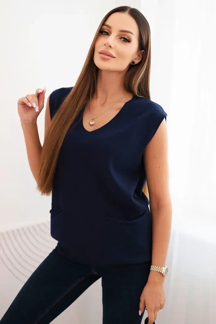 Kesi Włoski Dámský viskózový svetr bez rukávů s kapsami a výstřihem do V modrý