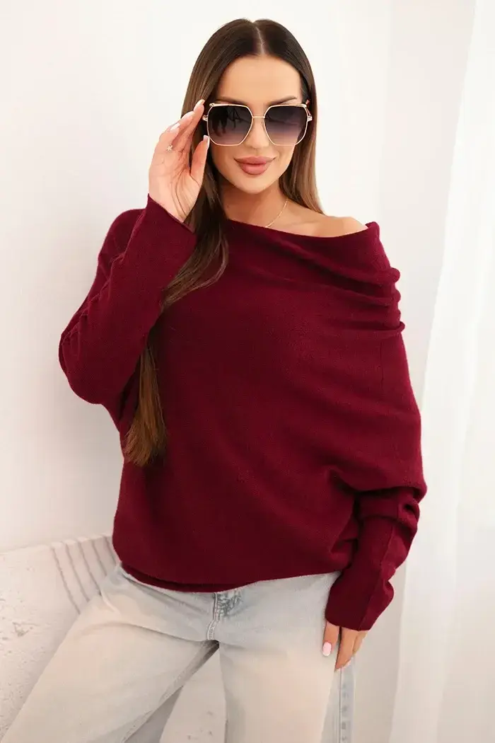 Kesi Włoski Dámský asymetrický batwing svetr z viskózy švestkový