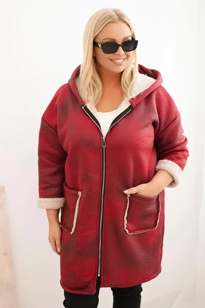 Kesi Włoski Dámská bunda Plus Size s kapucí a kapsami zateplená beránkem bordová