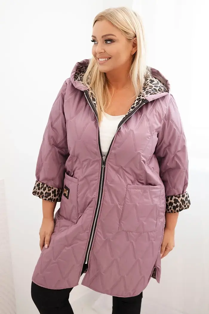 Kesi Włoski Dámská prošívaná bunda Plus Size s podšívkou v leopardím vzoru a kapucí tmavě růžová