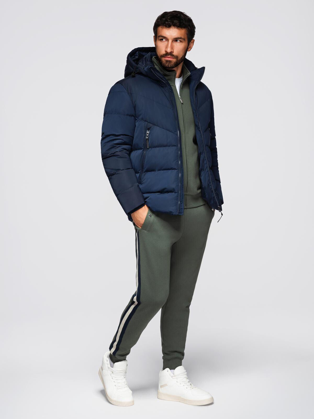 Ombre Men's jacket with asymmetrical quilting and hood - navy blue