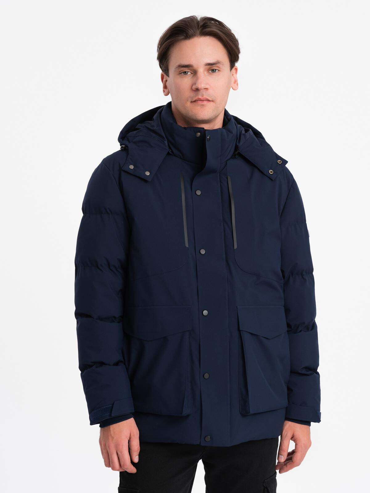 Ombre Men's winter jacket with detachable hood made of waterproof material - navy blue