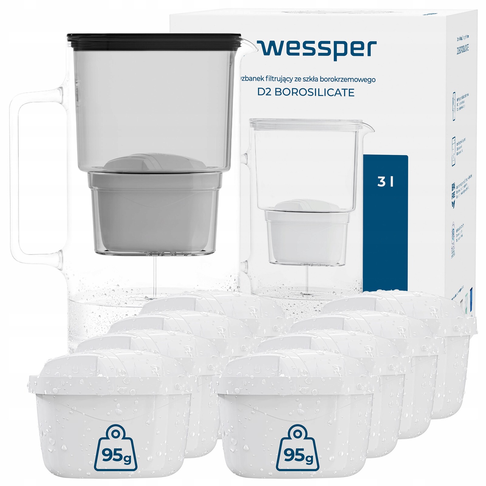 Filtrační Skleněná Konvice Wessper D2 Borosilicate 3 l 9 x filtr aquamax