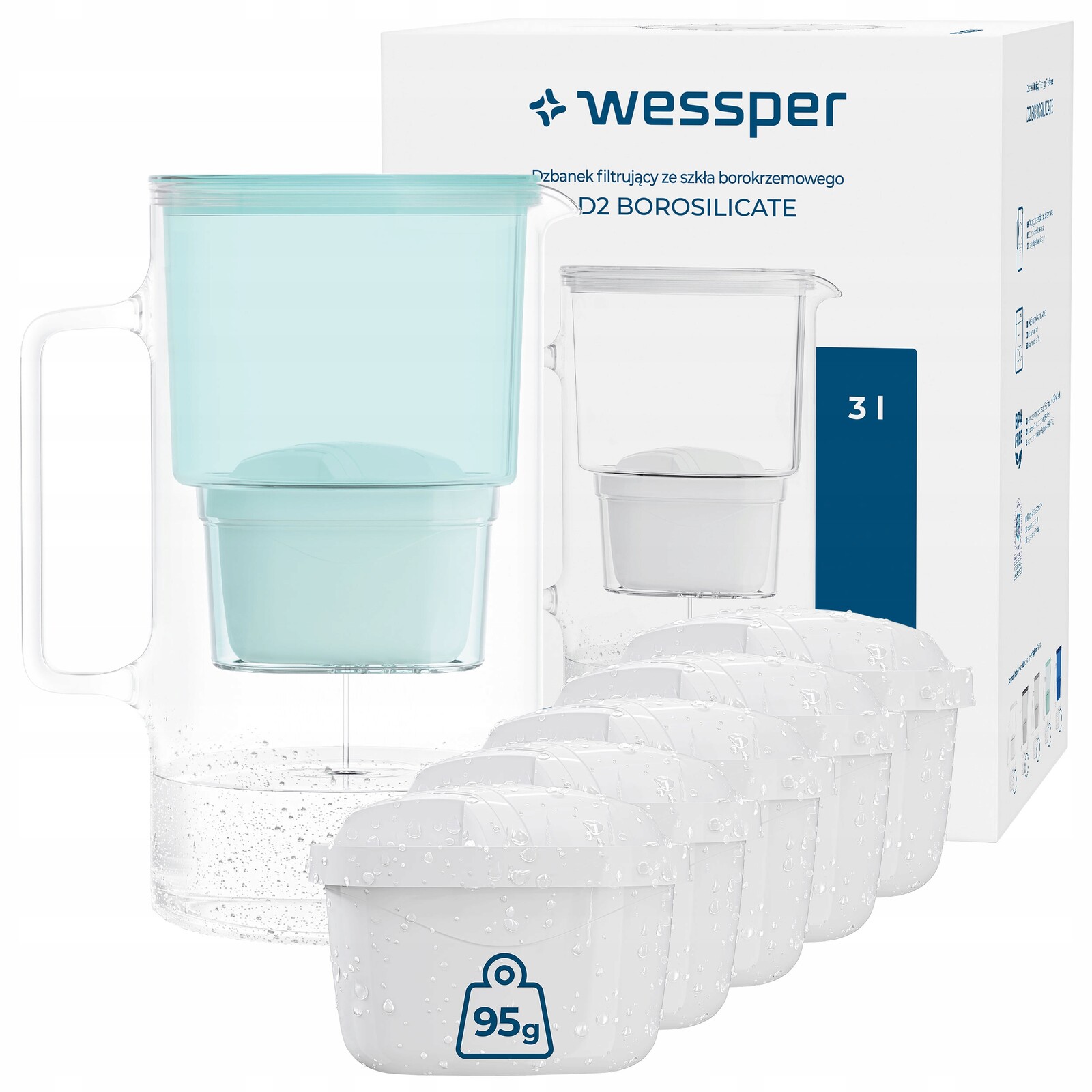 Filtrační konvice skleněná Wessper D2 Borosilicate 3l 6x filtr Aquamax