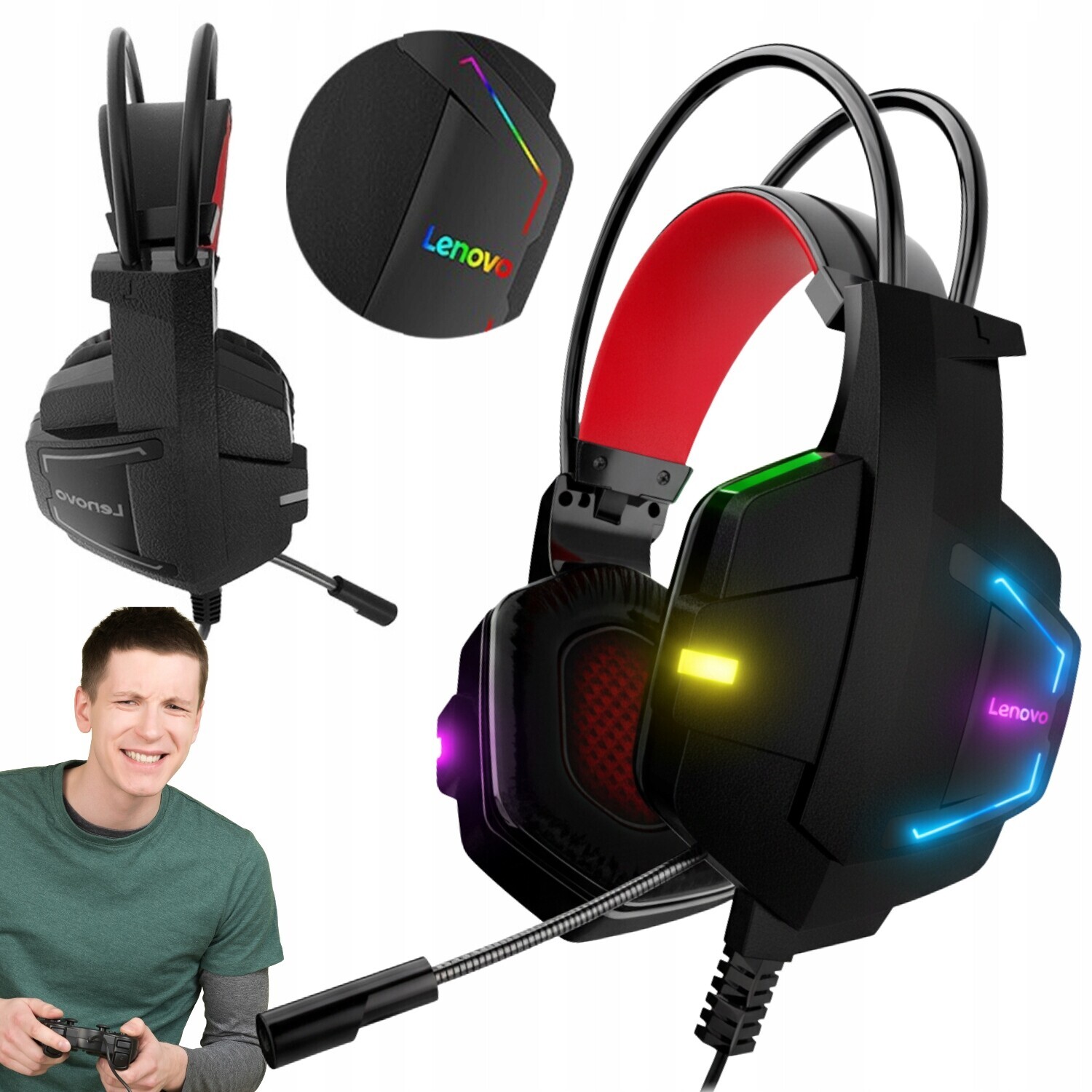 Herní kabelová Sluchátka Lenovo s Rgb mikrofonem pro hráče, na uši