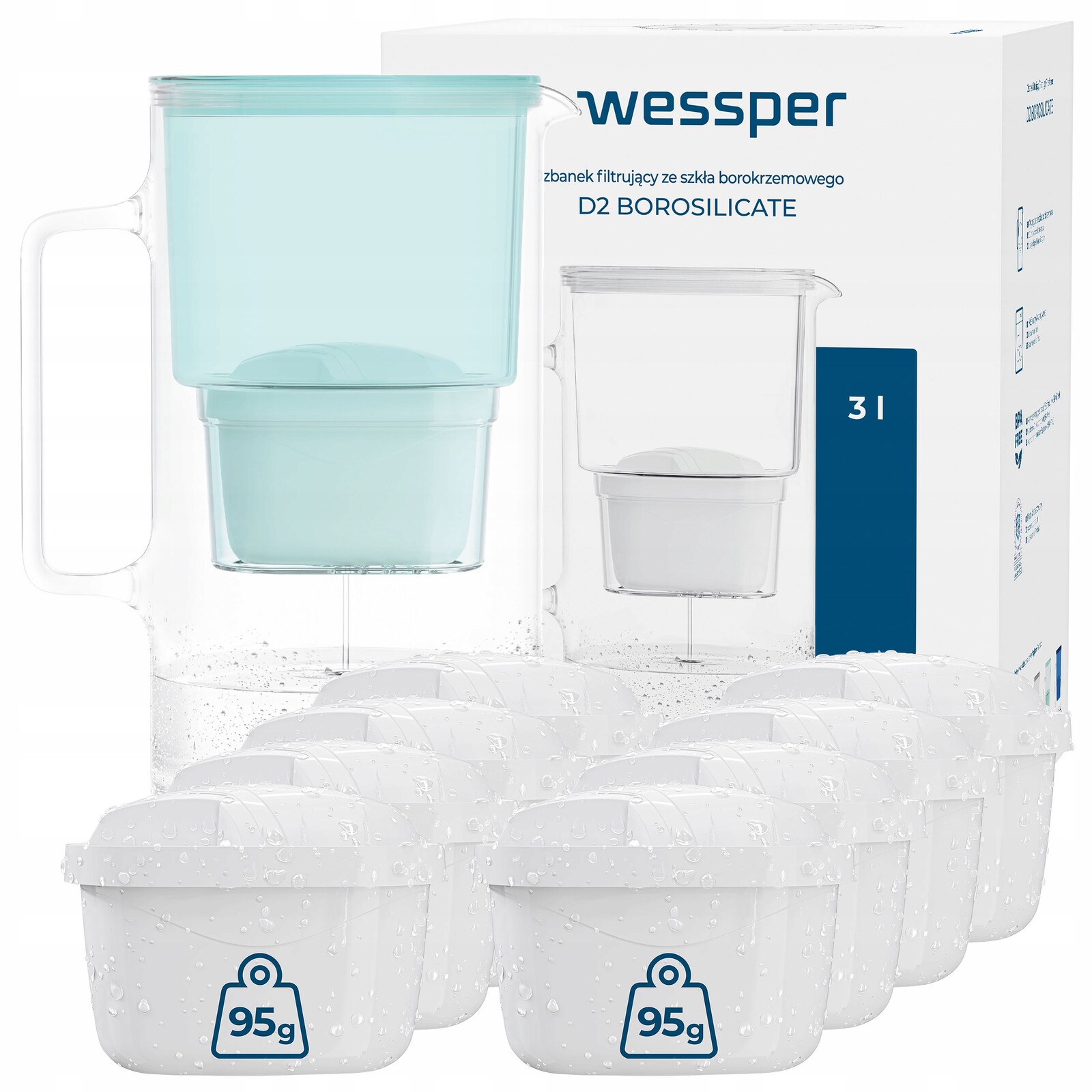 Filtrační konvice skleněná Wessper D2 Borosilicate 3l 9x filtr Aquamax