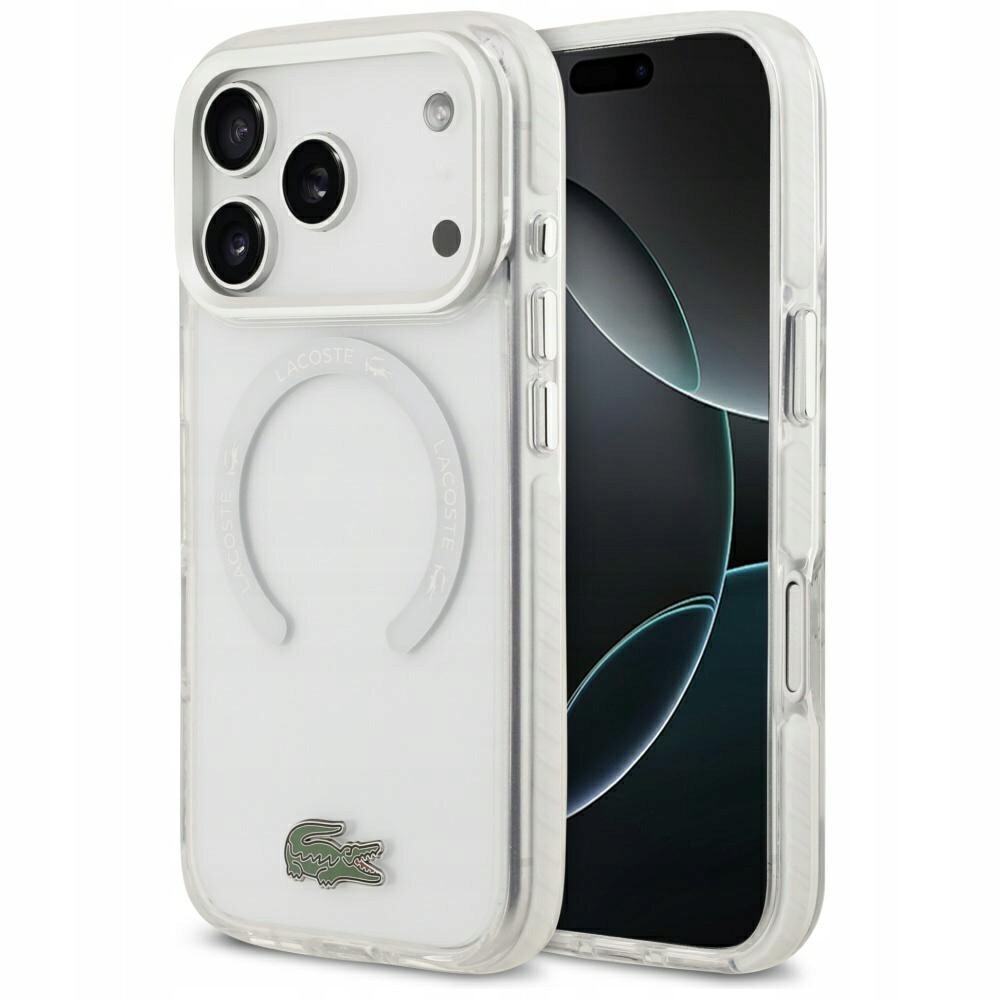 Pouzdro Lacoste Shockproof Transparent Frosted MagSafe pro iPhone 17 Pro, bílé