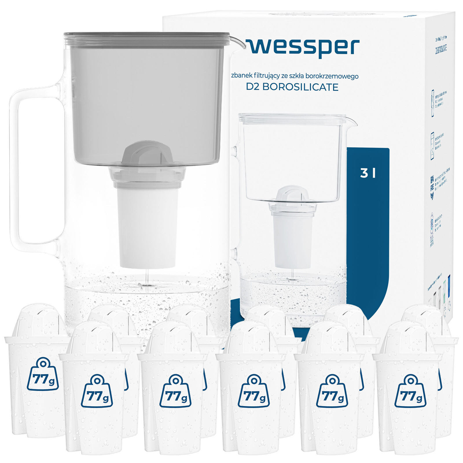 Filtrační konvice skleněná Wessper D2 Borosilicate 3l 12x filtr na vodu