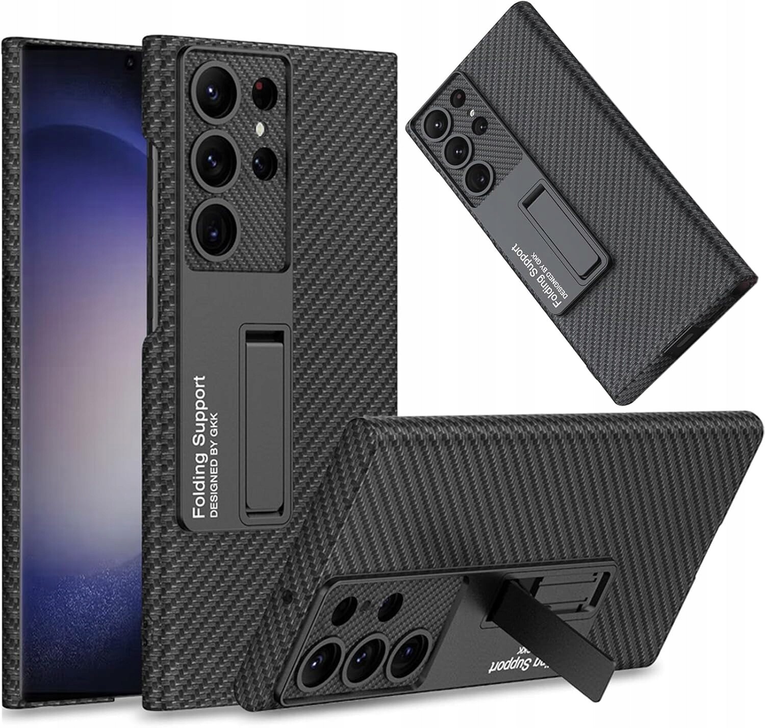 Ninki karbonové pouzdro pro Samsung Galaxy S24 Ultra, stojan, černé vlákno