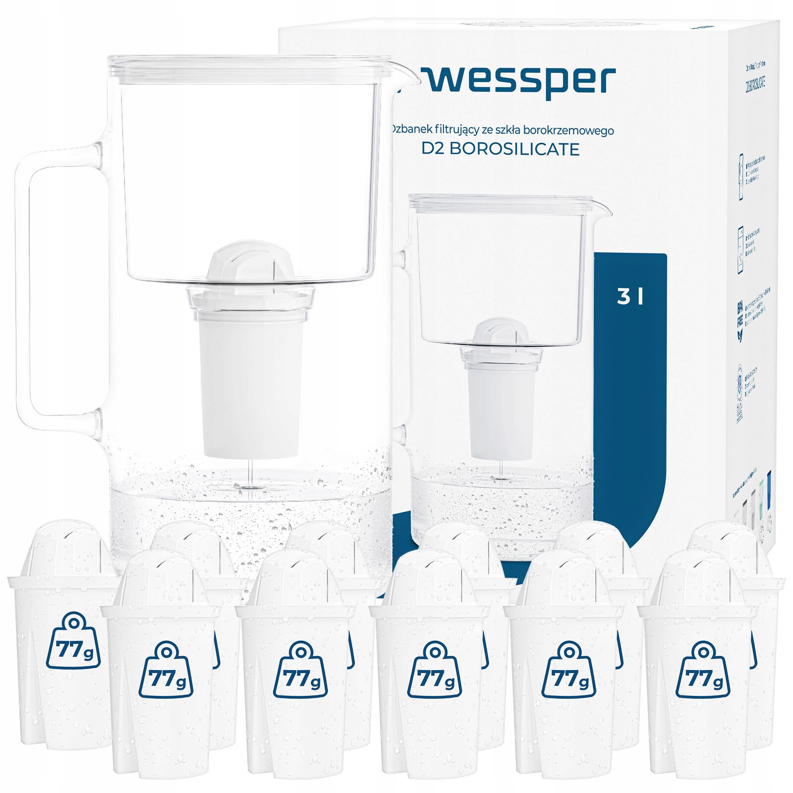 Skleněná filtrační konvice Wessper D2 Borosilicate 3l bílá 12x filtr