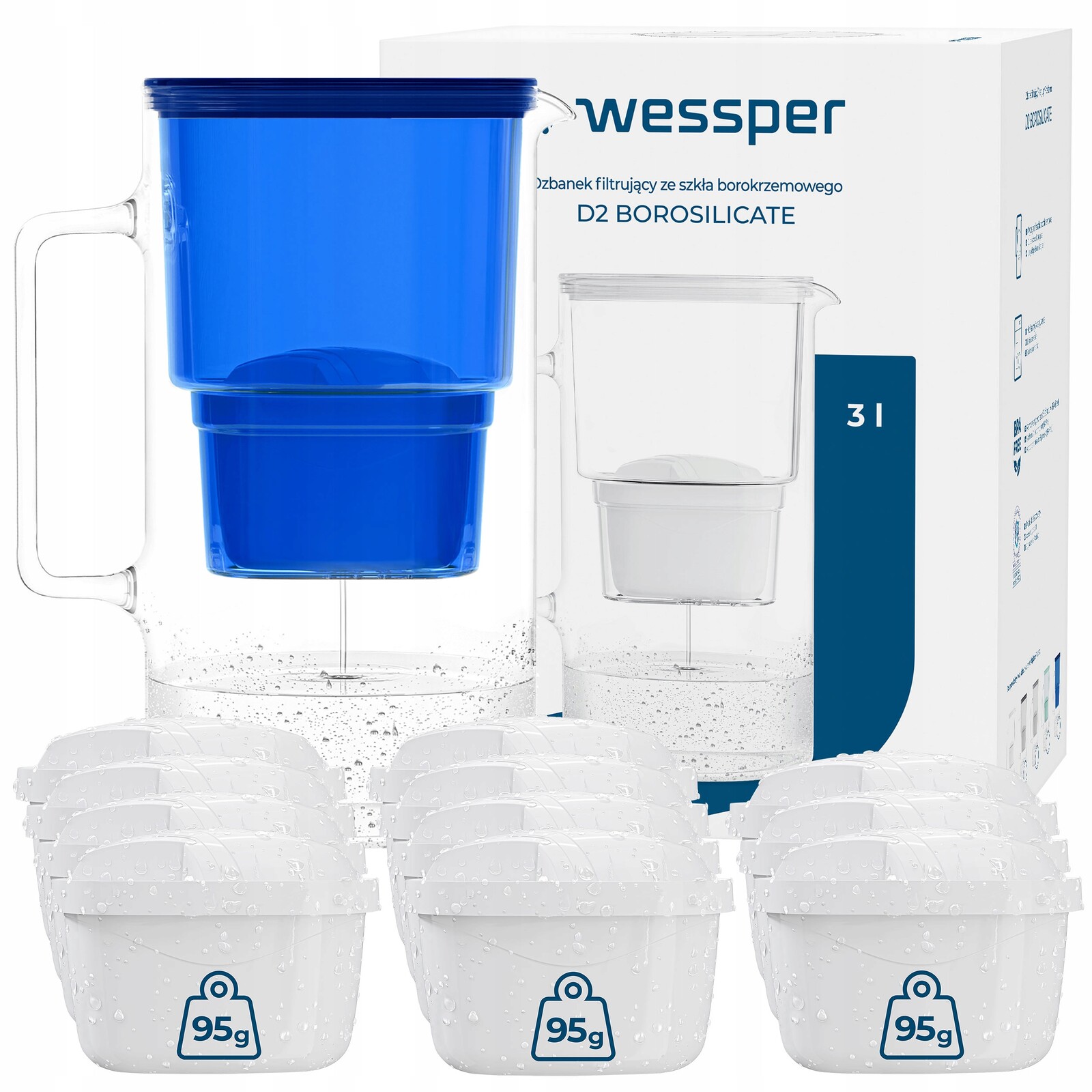 Skleněná Konvice Wessper D2 Borosilicate 3 l 12 x Filtrační Vložka Na Vodu Wessper