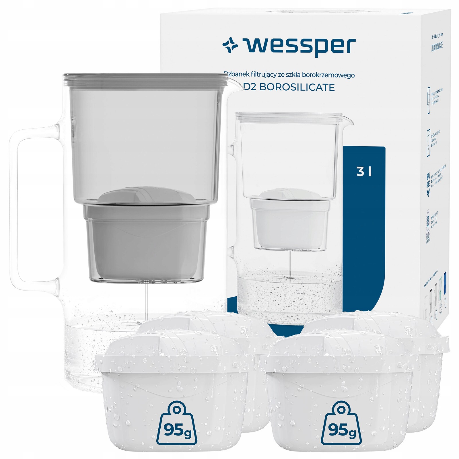 Skleněný Džbán Wessper D2 Borosilicate 3 l 5 x Filtrační Vložka Na Vodu Wessper