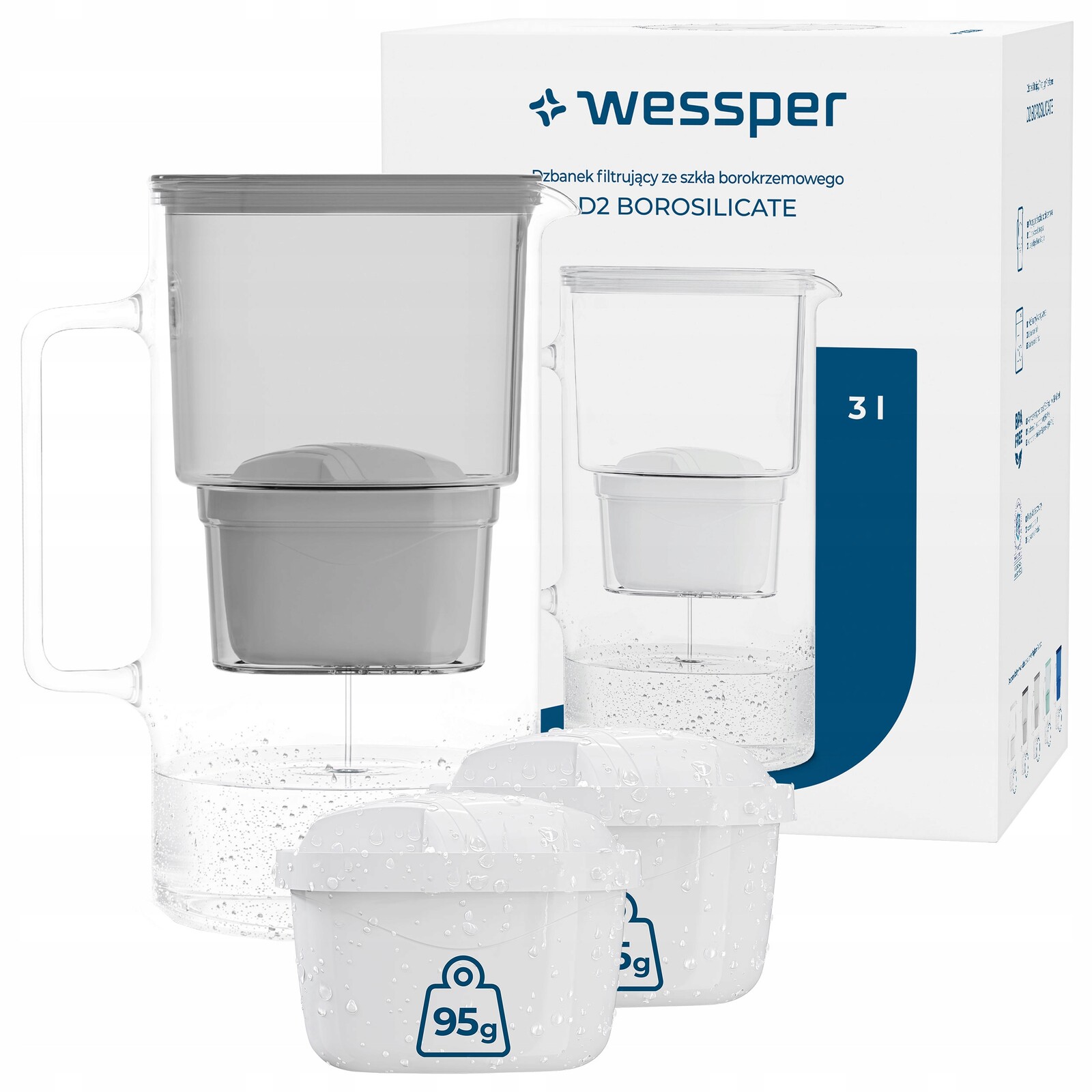 Filtrační konvice skleněná Wessper D2 Borosilicate 3 l šedá 3x filtr