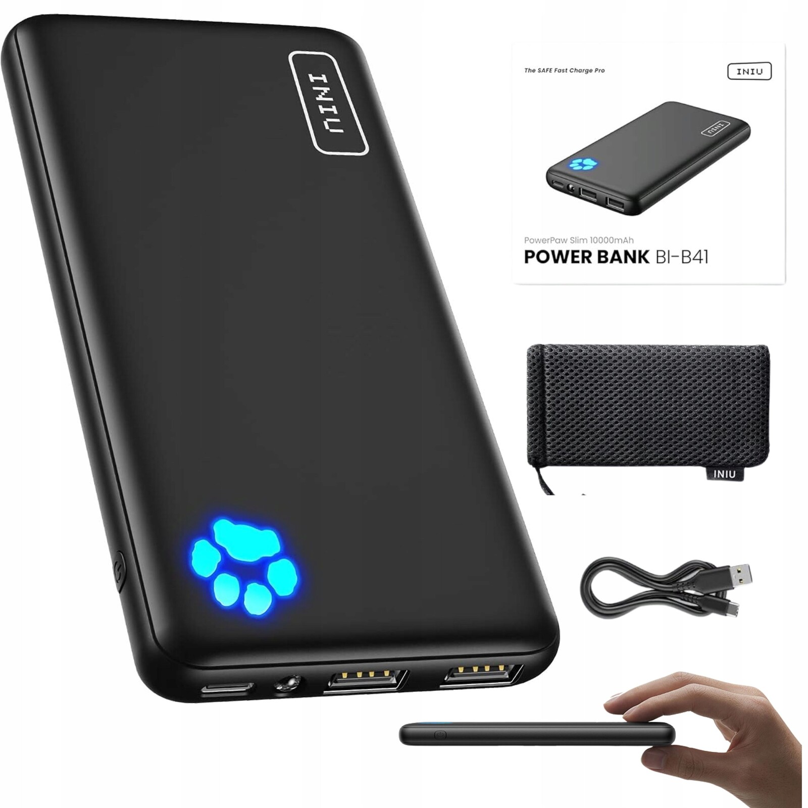 Powerbanka 10000 mAh Iniu Lehká 2x Usb 1x Usb-c 5W Rychlé nabíjení Pouzdro