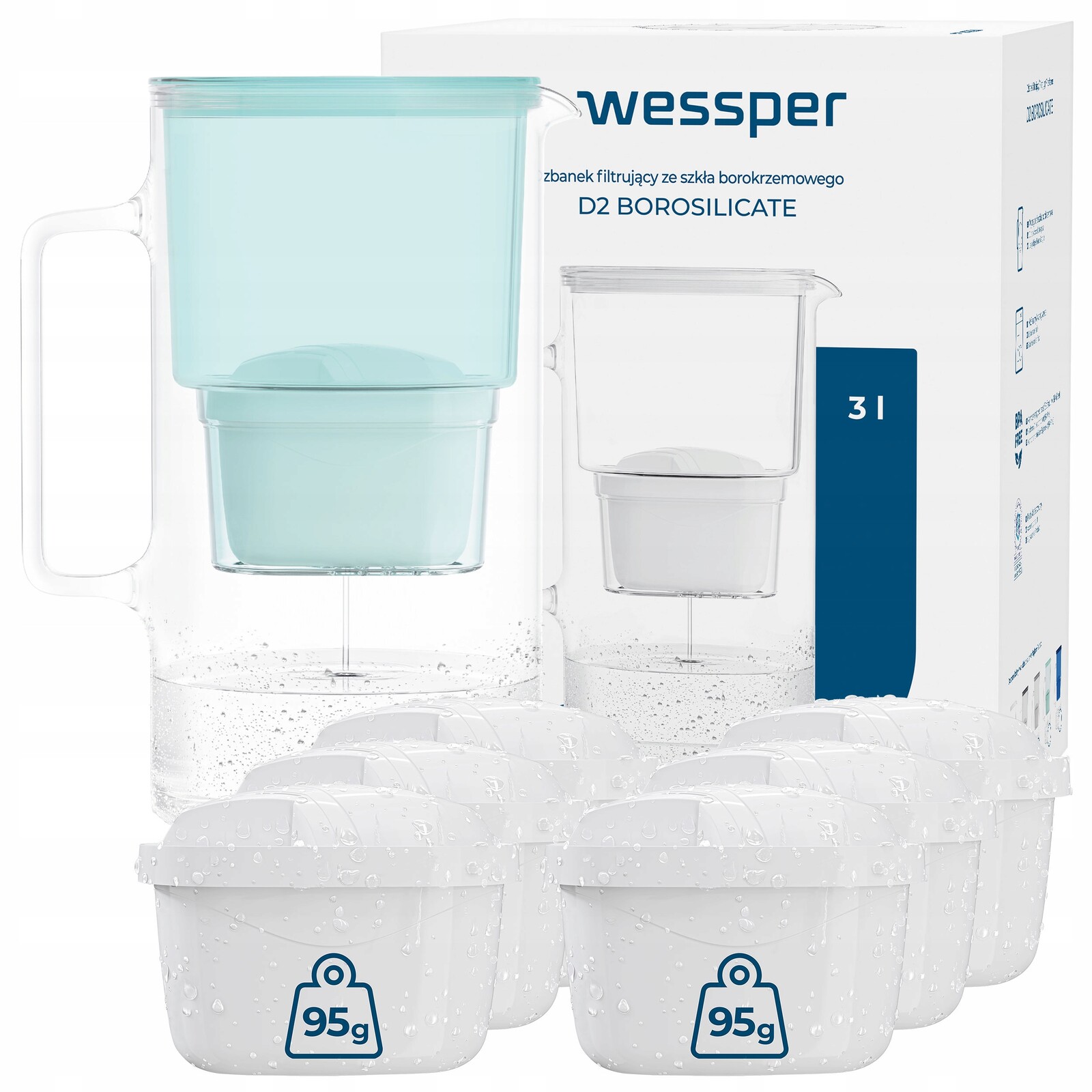 Filtrační konvice Wessper D2 Borosilicate 3 l mátová 7 x vodní filtr