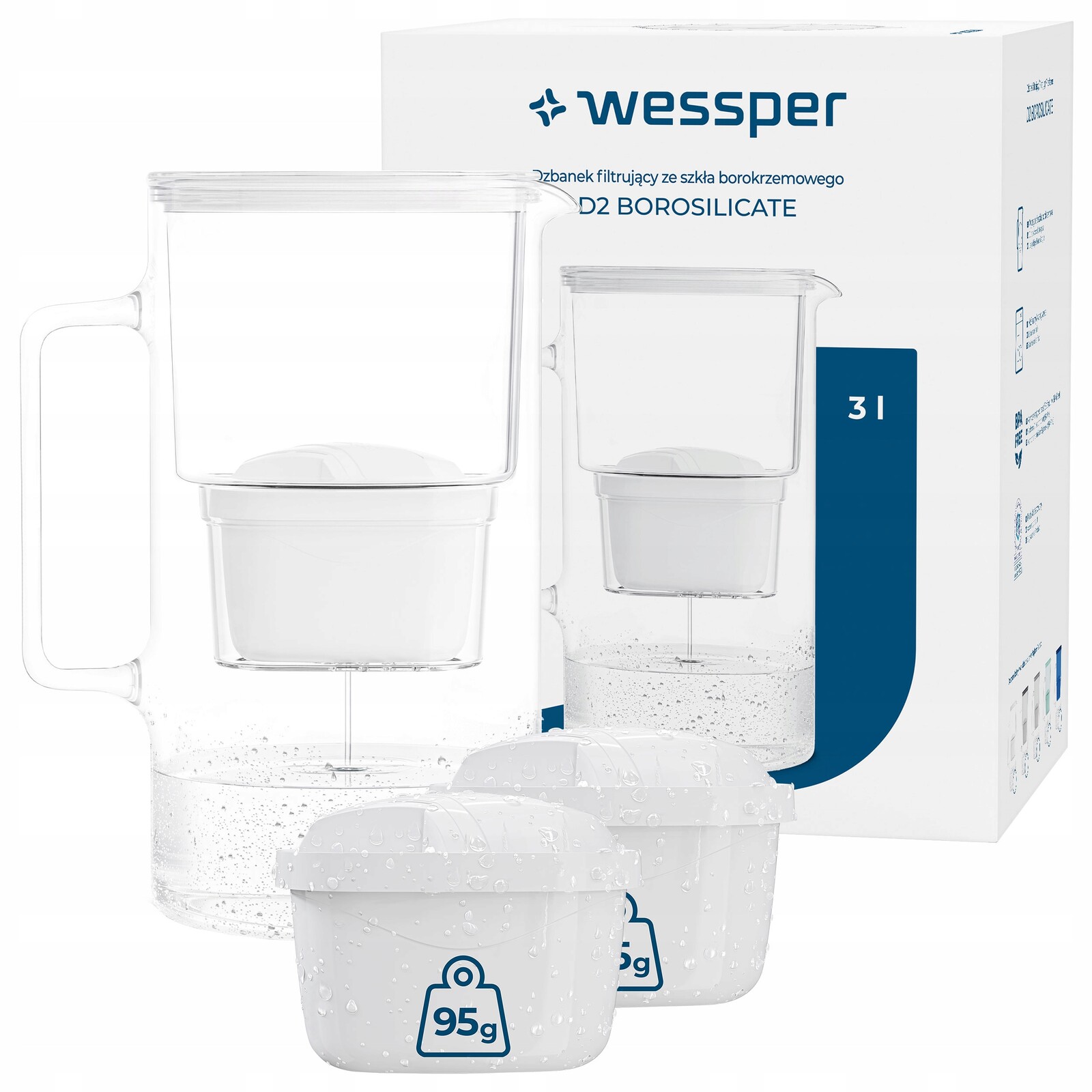 Skleněná filtrační konvice Wessper D2 Borosilicate 3 l bílá 3x filtr