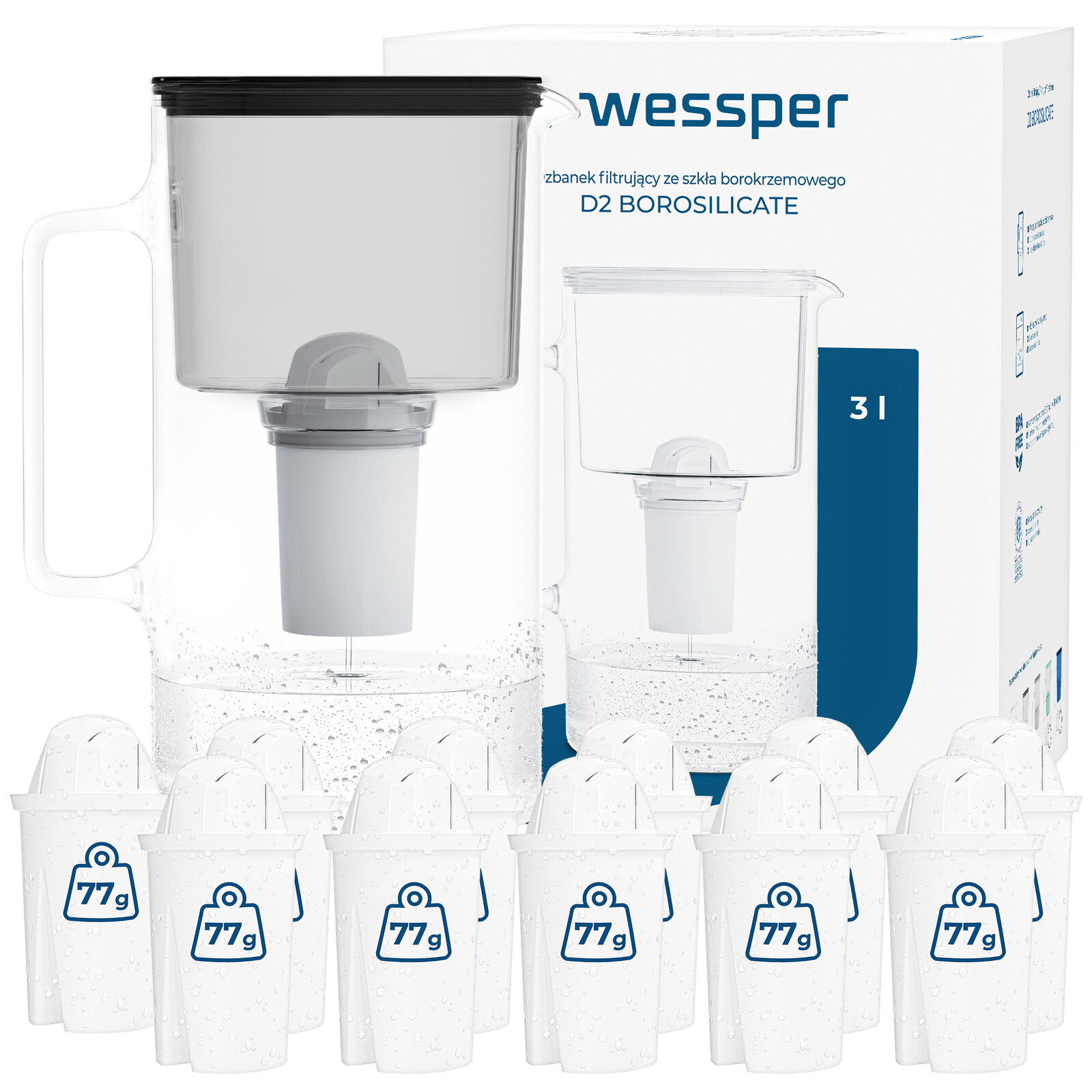 Filtrační konvice skleněná Wessper 3 l černá 12 x filtr aquaclassic 77 g