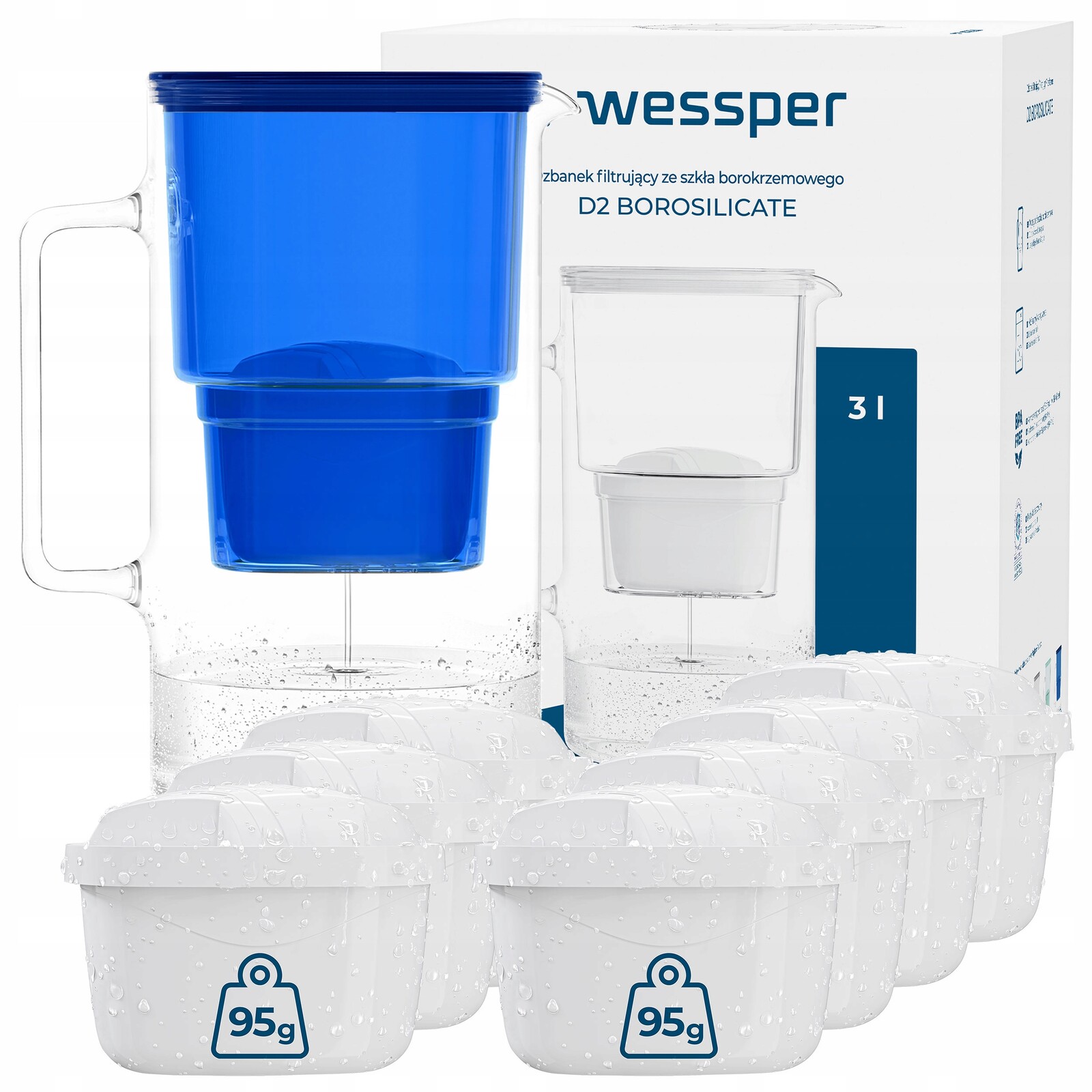 Skleněná filtrační konvice Wessper D2 Borosilicate 3 l modrá 8x filtr