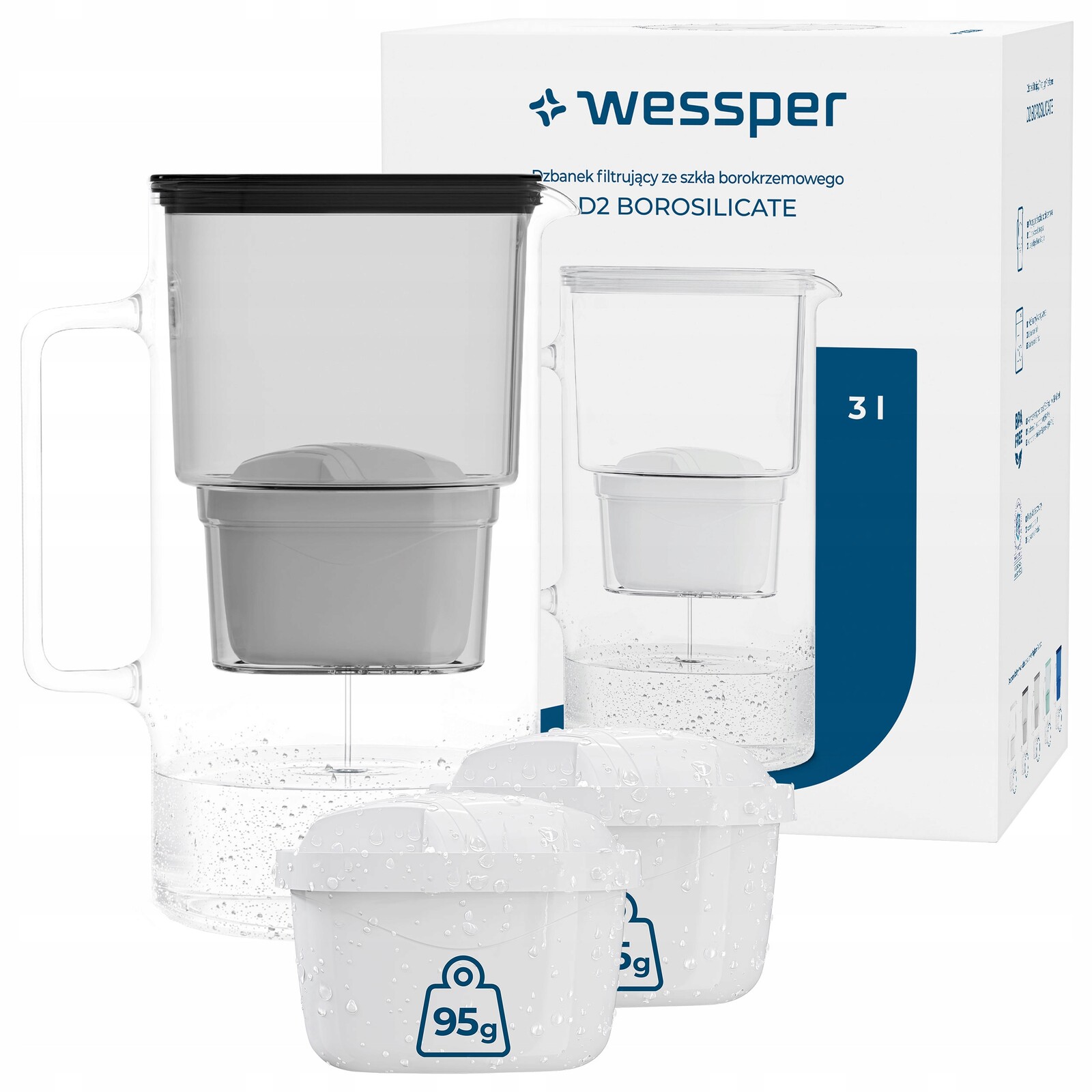 Filtrační konvice Wessper D2 Borosilicate 3 l černá 3 x filtr