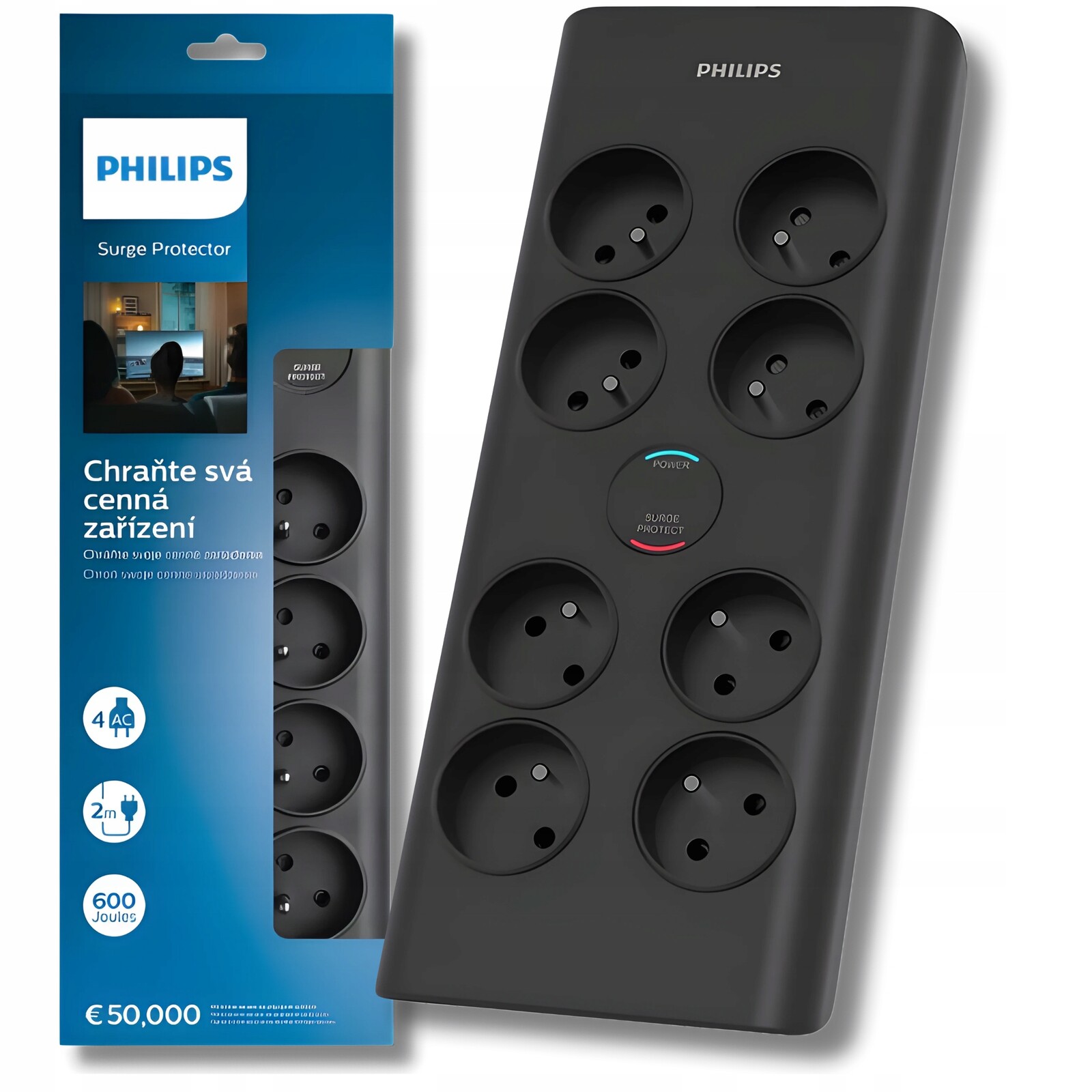 Síťový Prodlužovací Kabel Philips Zásuvková Lišta 8 Zásuvek 2 M Přepěťová
