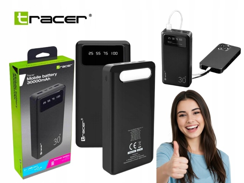 Powerbanka Tracer 30000 Mah Externí Přenosná Baterie Černá Kompaktní